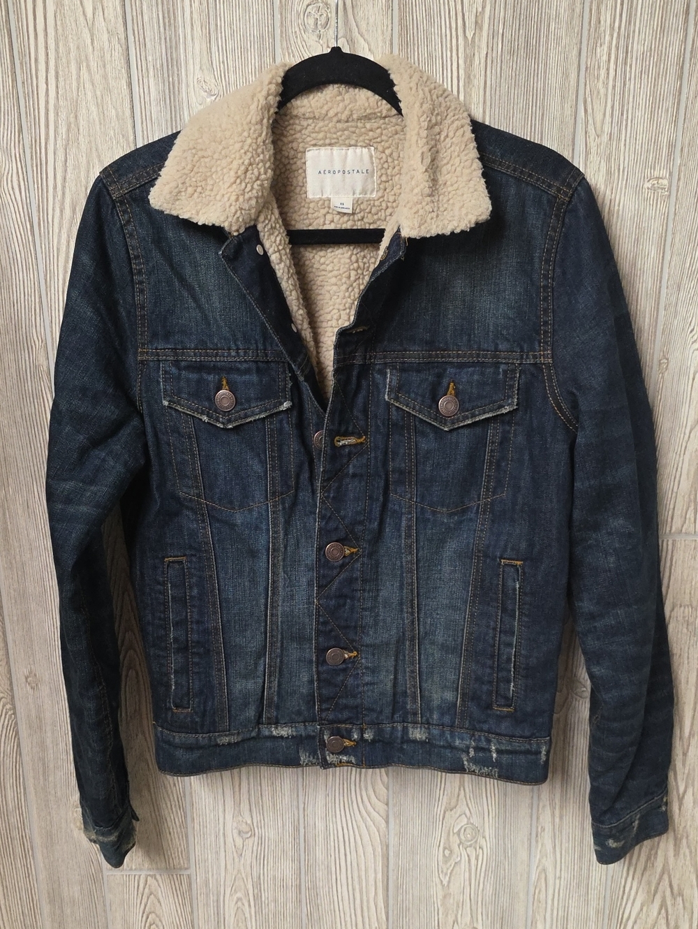 Aeropostale Lined Denim Trucker Jacket Cream Sherpa Collar Mens Size XS